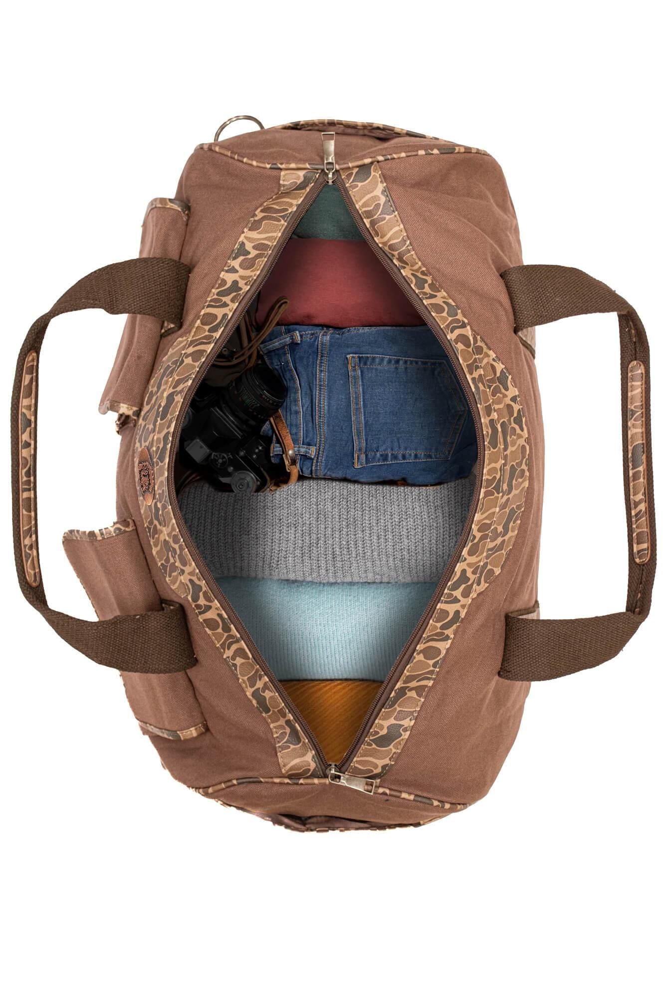 USC Gamecocks Camo Canvas Weekender Bag - Brown Waxed Canvas Duffel - Old School Camo Print Accent - Carolina Travel Bag - Overnight Case