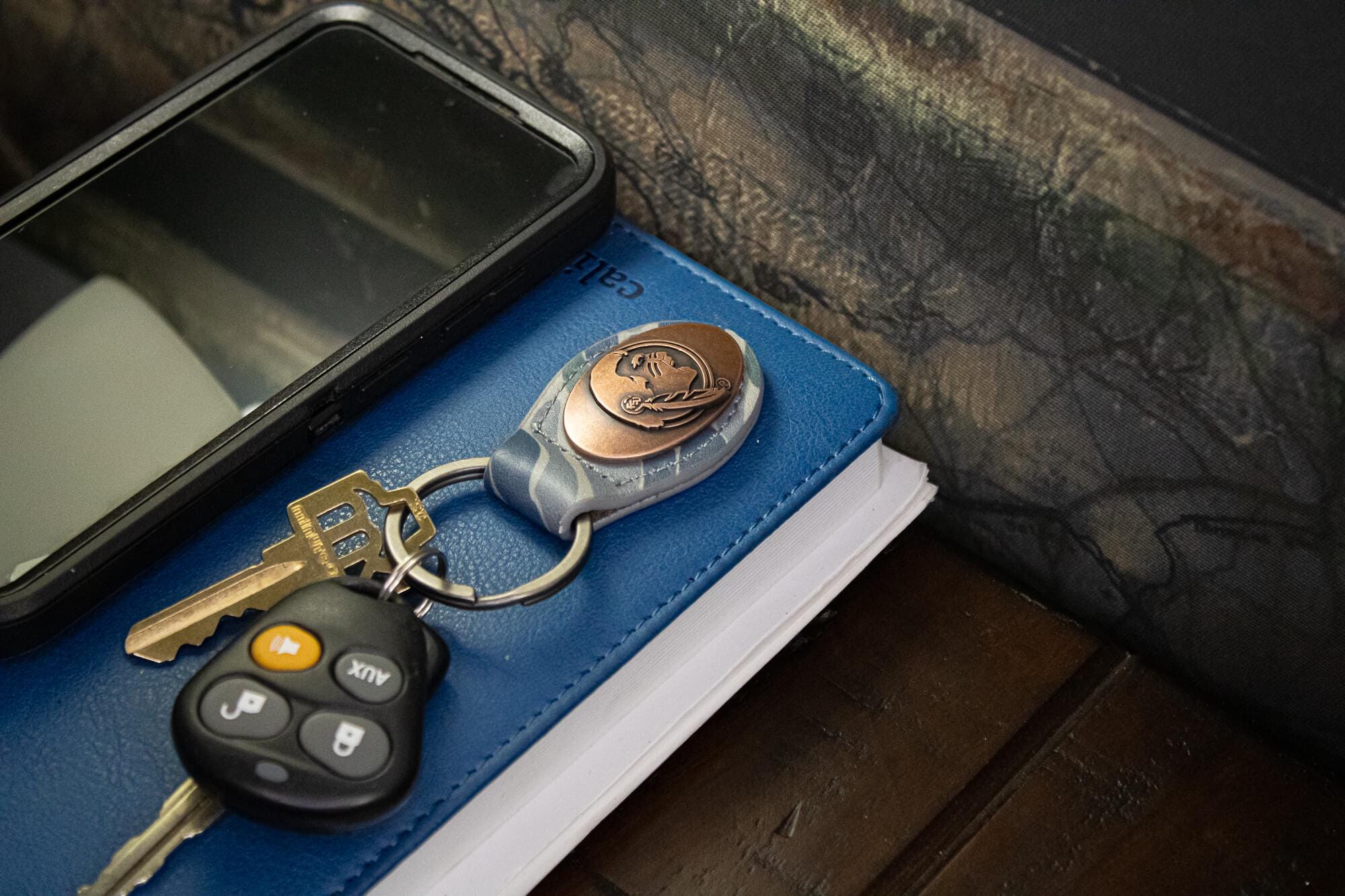 FSU Seminoles Oval Camo Leather Key Fob. Split Ring and Durable Stitching. Perfect Collegiate Key Chain Gift. Old School Camo Key Chain.