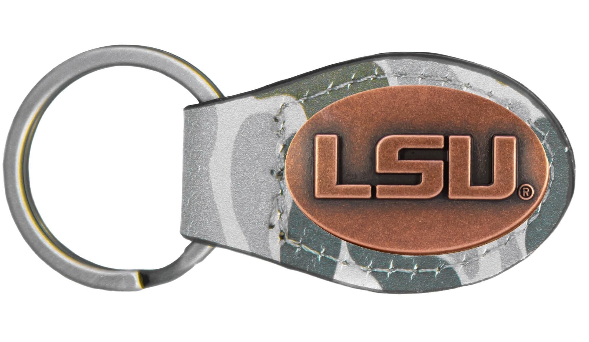 LSU Tigers Oval Camo Leather Key Fob. Split Ring and Durable Stitching. Perfect Collegiate Key Chain Gift. Old School Camo Key Chain.