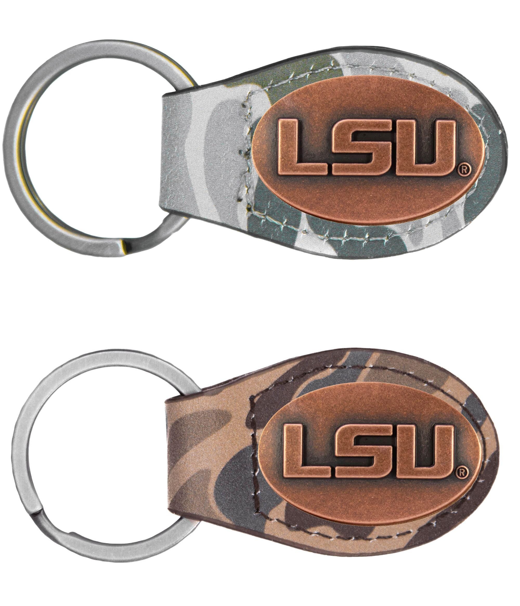 LSU Tigers Oval Camo Leather Key Fob. Split Ring and Durable Stitching. Perfect Collegiate Key Chain Gift. Old School Camo Key Chain.
