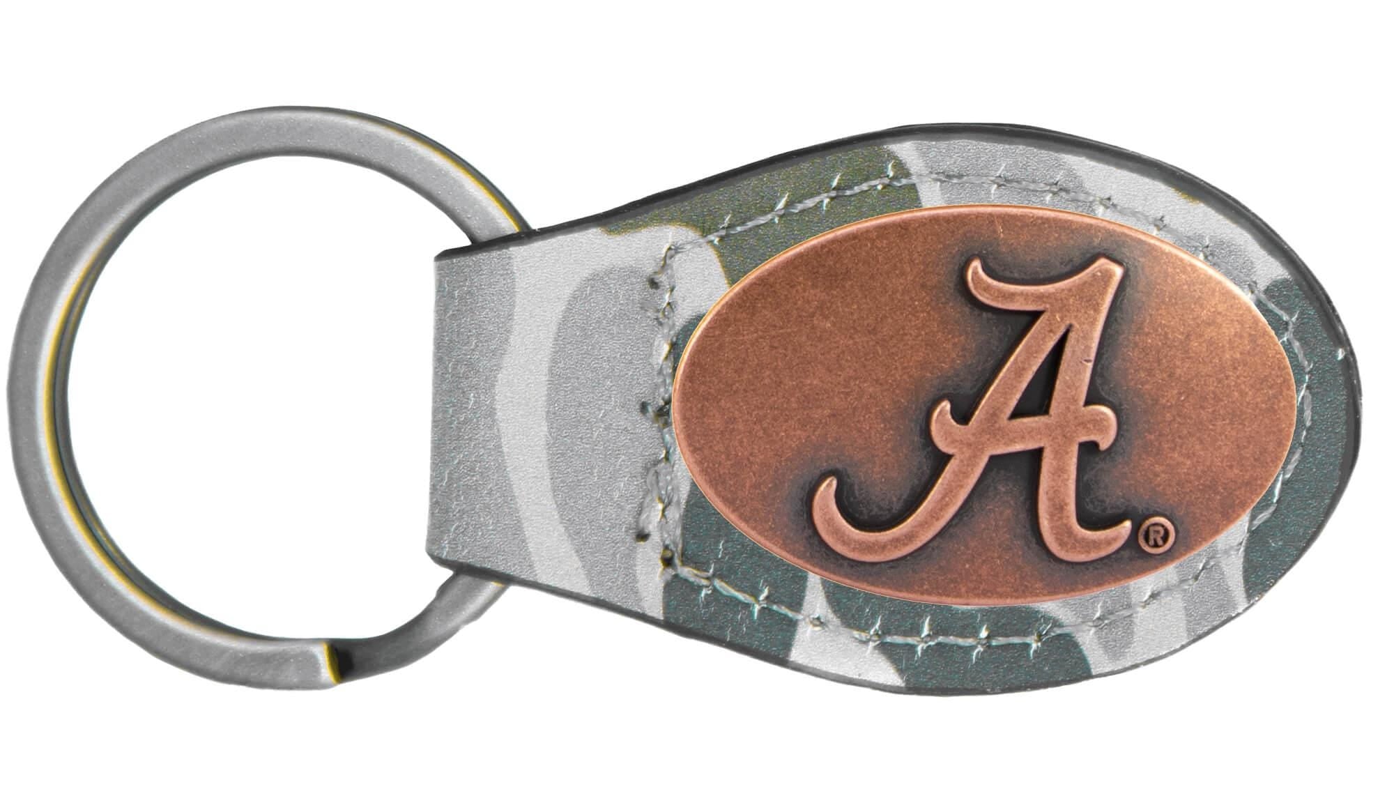 Alabama Crimson Tide Oval Camo Leather Key Fob. Split Ring and Durable Stitching. Collegiate Key Chain Gift. Old School Camo Key Chain.