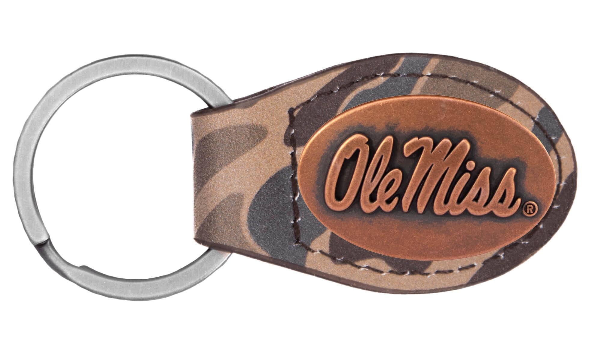 Ole Miss Rebels Oval Camo Leather Key Fob. Split Ring and Durable Stitching. Perfect Collegiate Key Chain Gift. Old School Camo Key Chain.