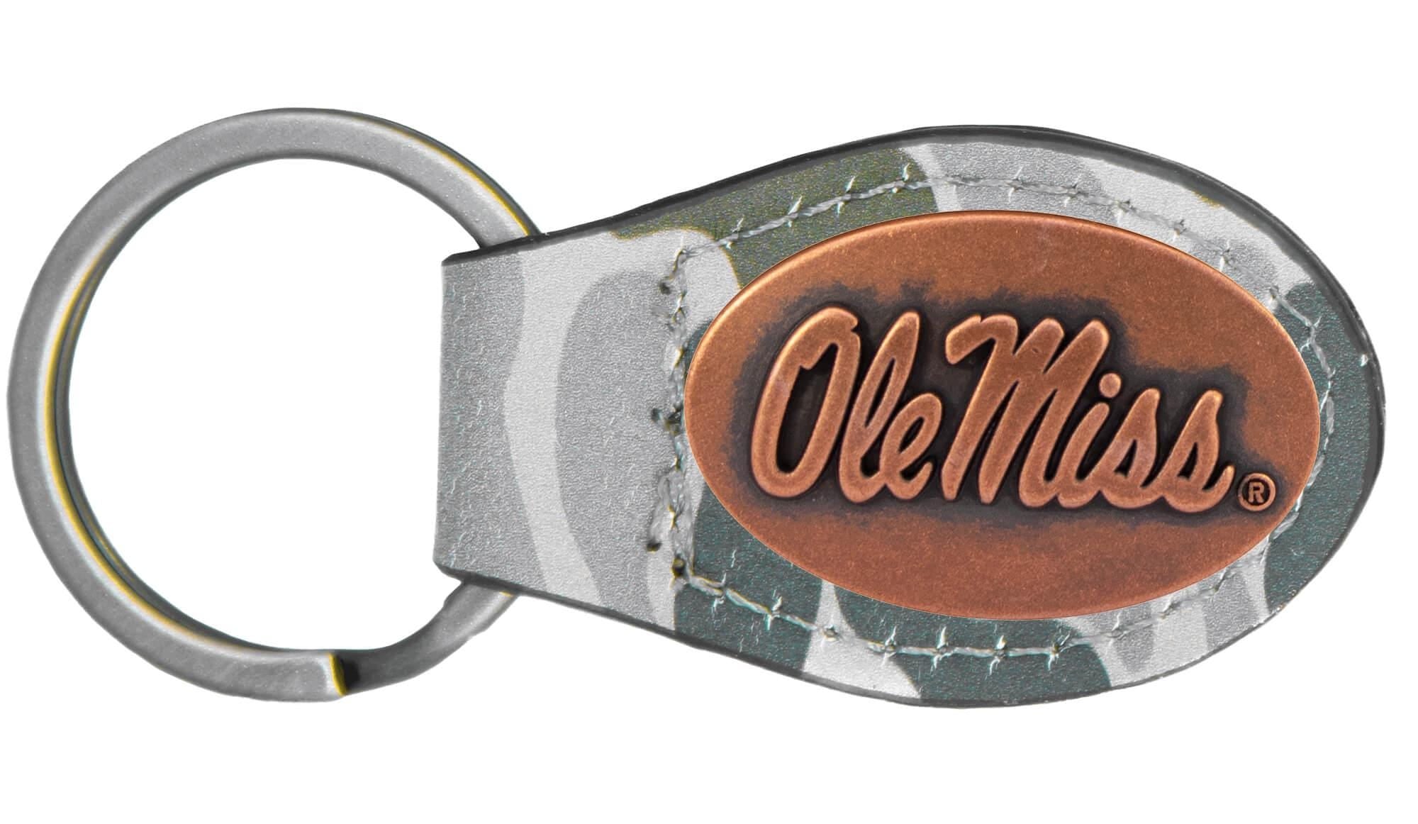 Ole Miss Rebels Oval Camo Leather Key Fob. Split Ring and Durable Stitching. Perfect Collegiate Key Chain Gift. Old School Camo Key Chain.