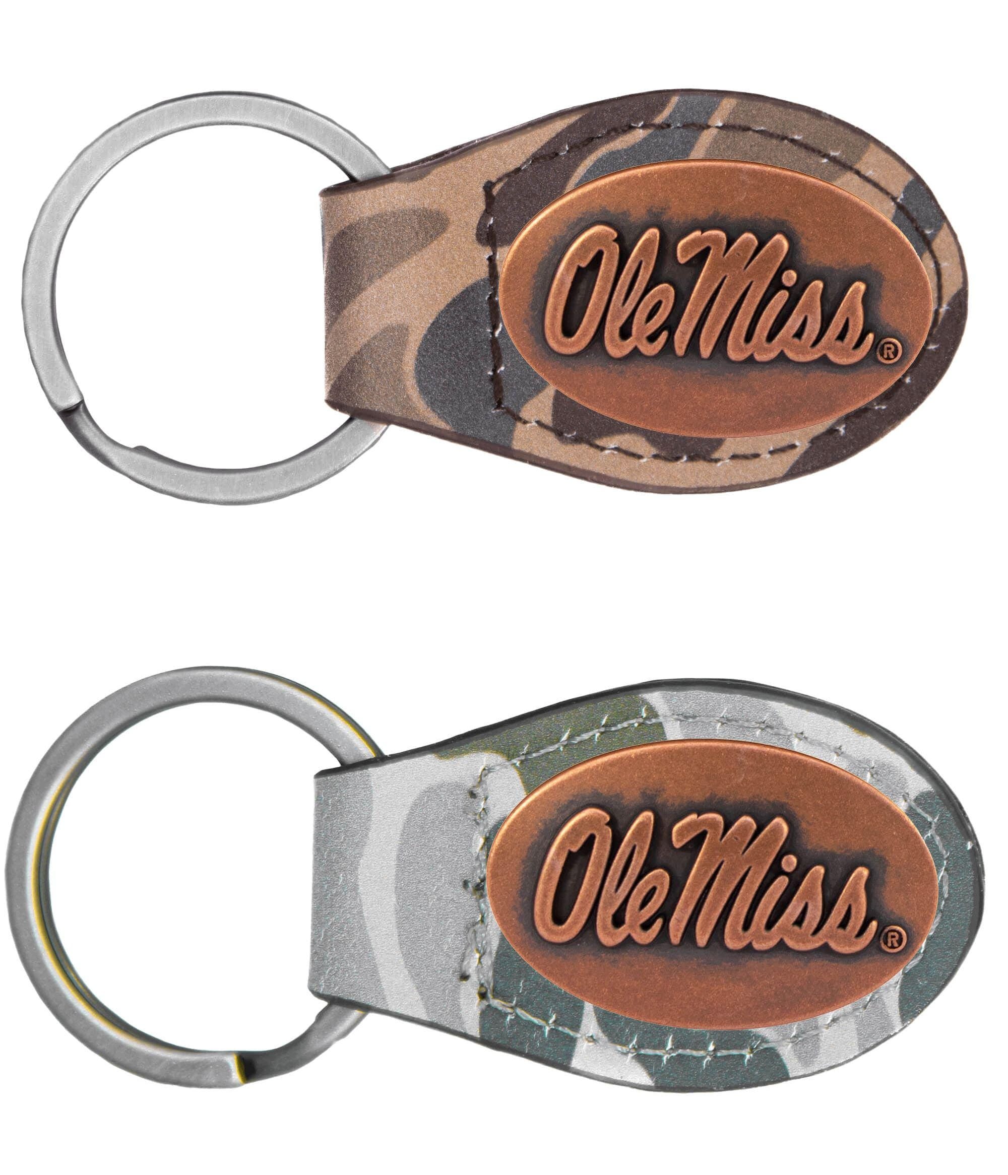 Ole Miss Rebels Oval Camo Leather Key Fob. Split Ring and Durable Stitching. Perfect Collegiate Key Chain Gift. Old School Camo Key Chain.