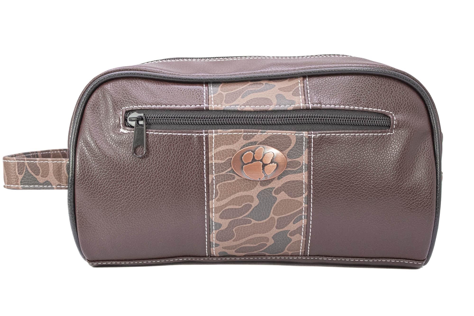 Clemson Tigers Men's Camo Dopp Kit. Toiletry Bag. Old School Camo Print. Brown Pebble Finish. Antique Copper Logo. Perfect Travel Accessory