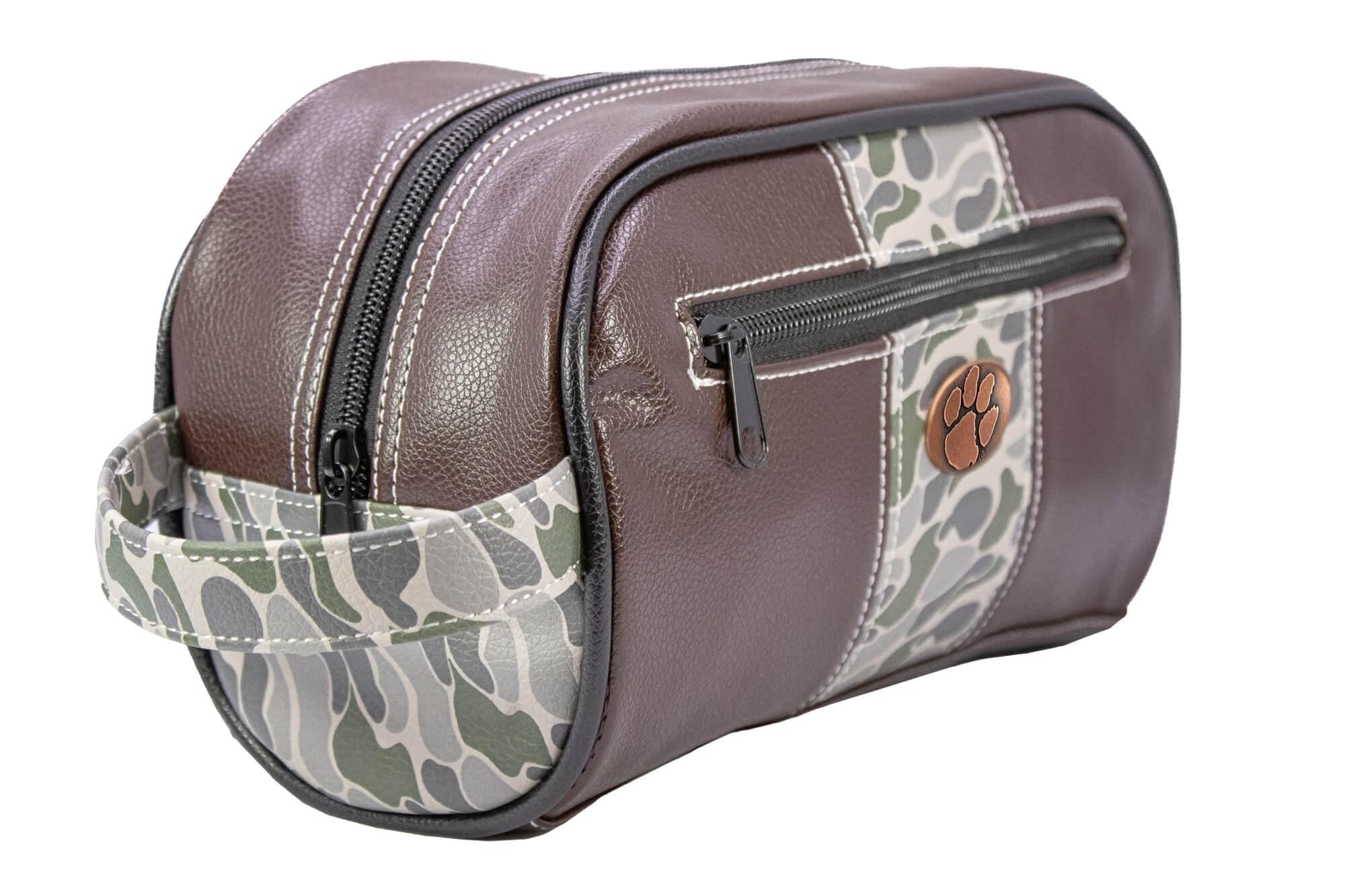 Clemson Tigers Men's Camo Dopp Kit. Toiletry Bag. Old School Camo Print. Brown Pebble Finish. Antique Copper Logo. Perfect Travel Accessory