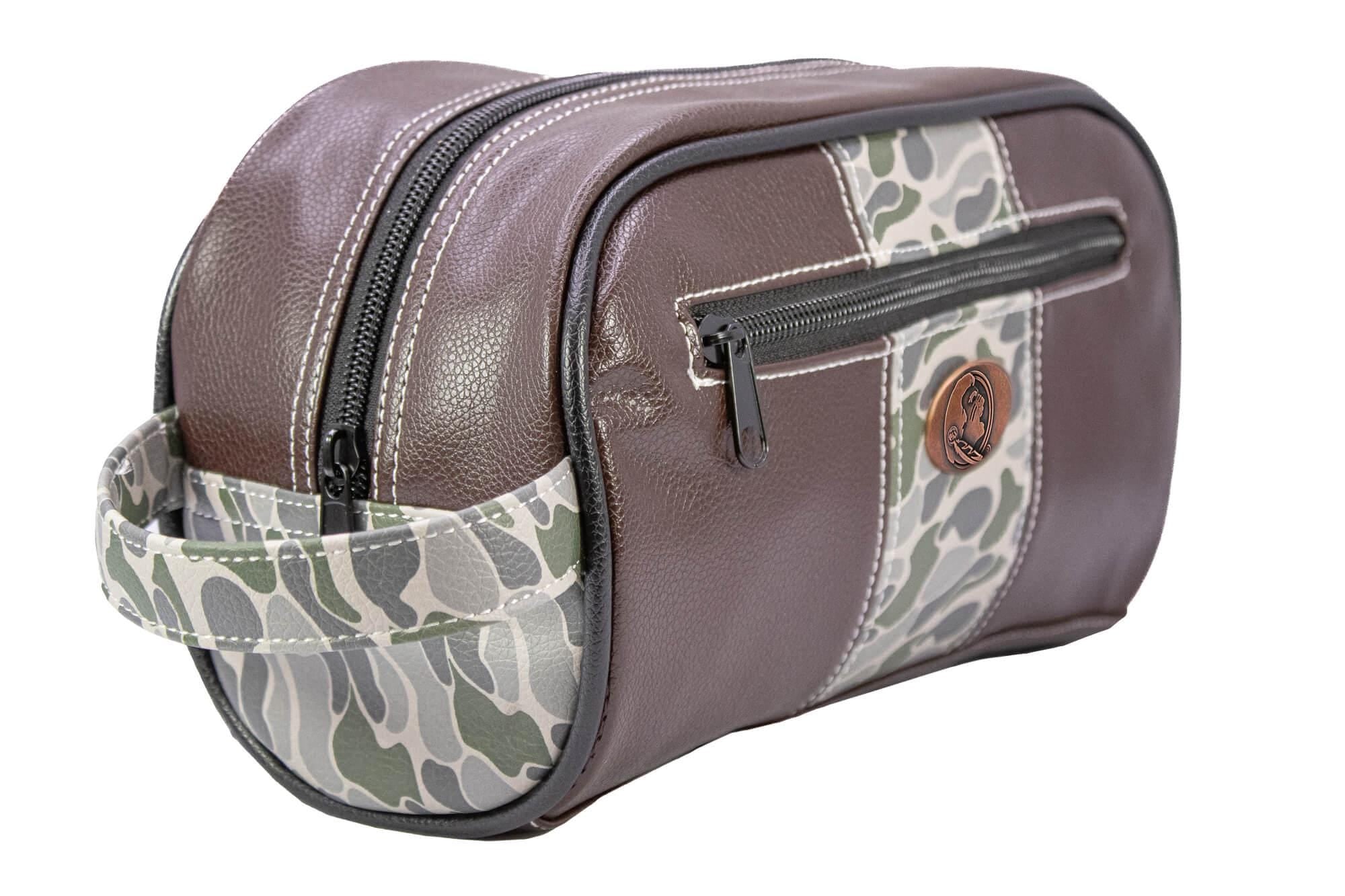 FSU Seminoles Men's Camo Dopp Kit. Toiletry Bag. Old School Camo Print. Brown Pebble Finish. Antique Copper Logo. Perfect Travel Accessory