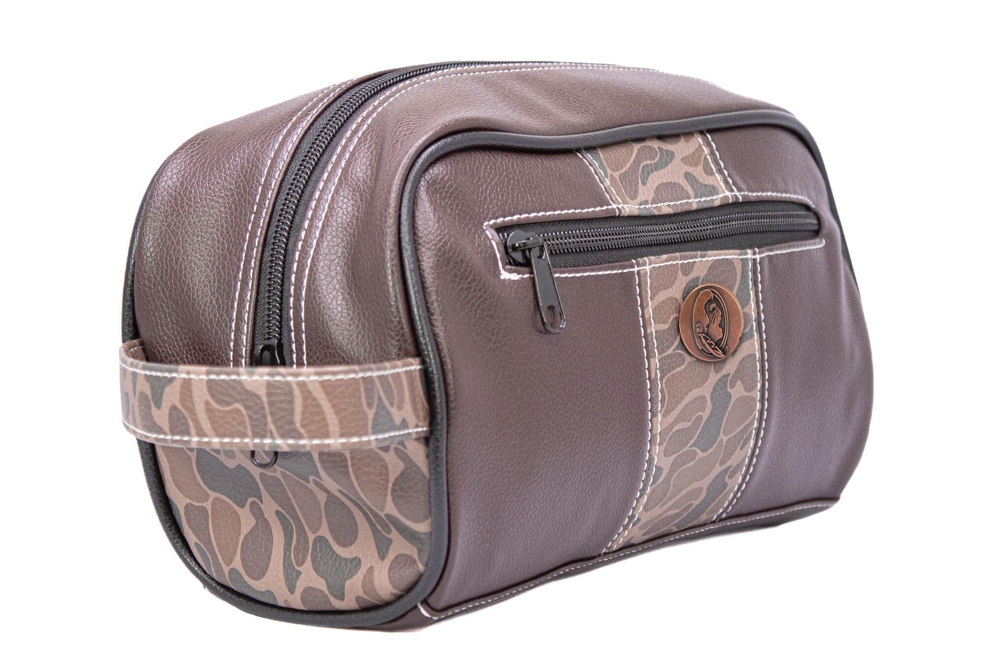 FSU Seminoles Men's Camo Dopp Kit. Toiletry Bag. Old School Camo Print. Brown Pebble Finish. Antique Copper Logo. Perfect Travel Accessory