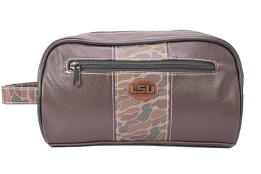 LSU Tigers Men's Camo Dopp Kit. Toiletry Bag. Old School Camo Print. Brown Pebble Finish. Antique Copper Logo. Perfect Travel Accessory