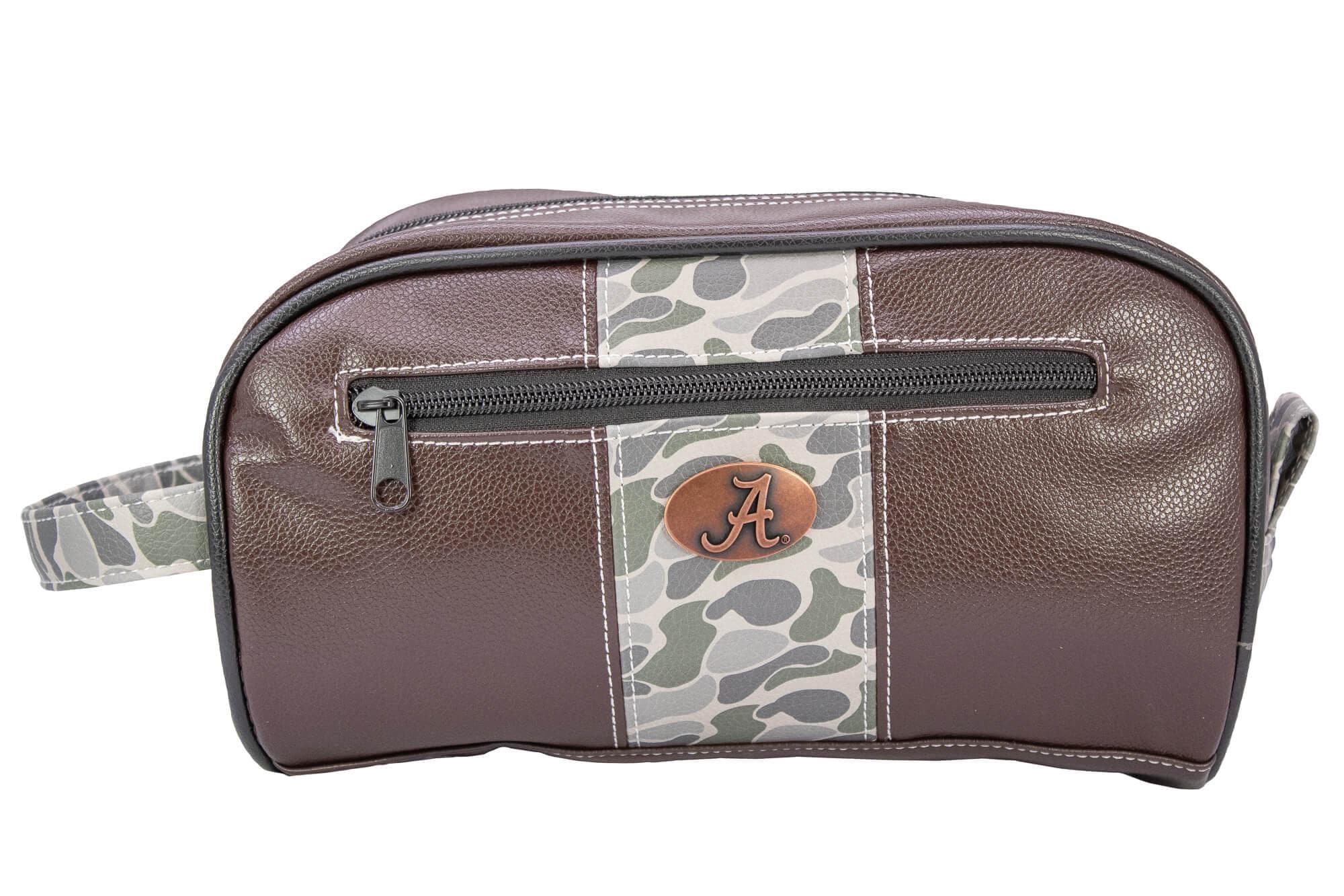 Alabama Crimson Tide Men's Camo Dopp Kit. Toiletry Bag. Old School Camo Print. Brown Pebble Finish. Antique Copper Logo. Travel Accessory