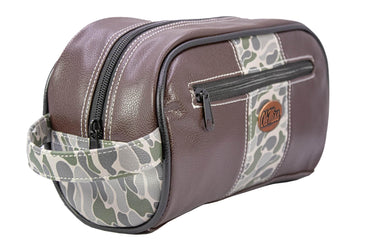 Ole Miss Rebels Men's Camo Dopp Kit. Toiletry Bag. Old School Camo Print. Brown Pebble Finish. Antique Copper Logo. Perfect Travel Accessory