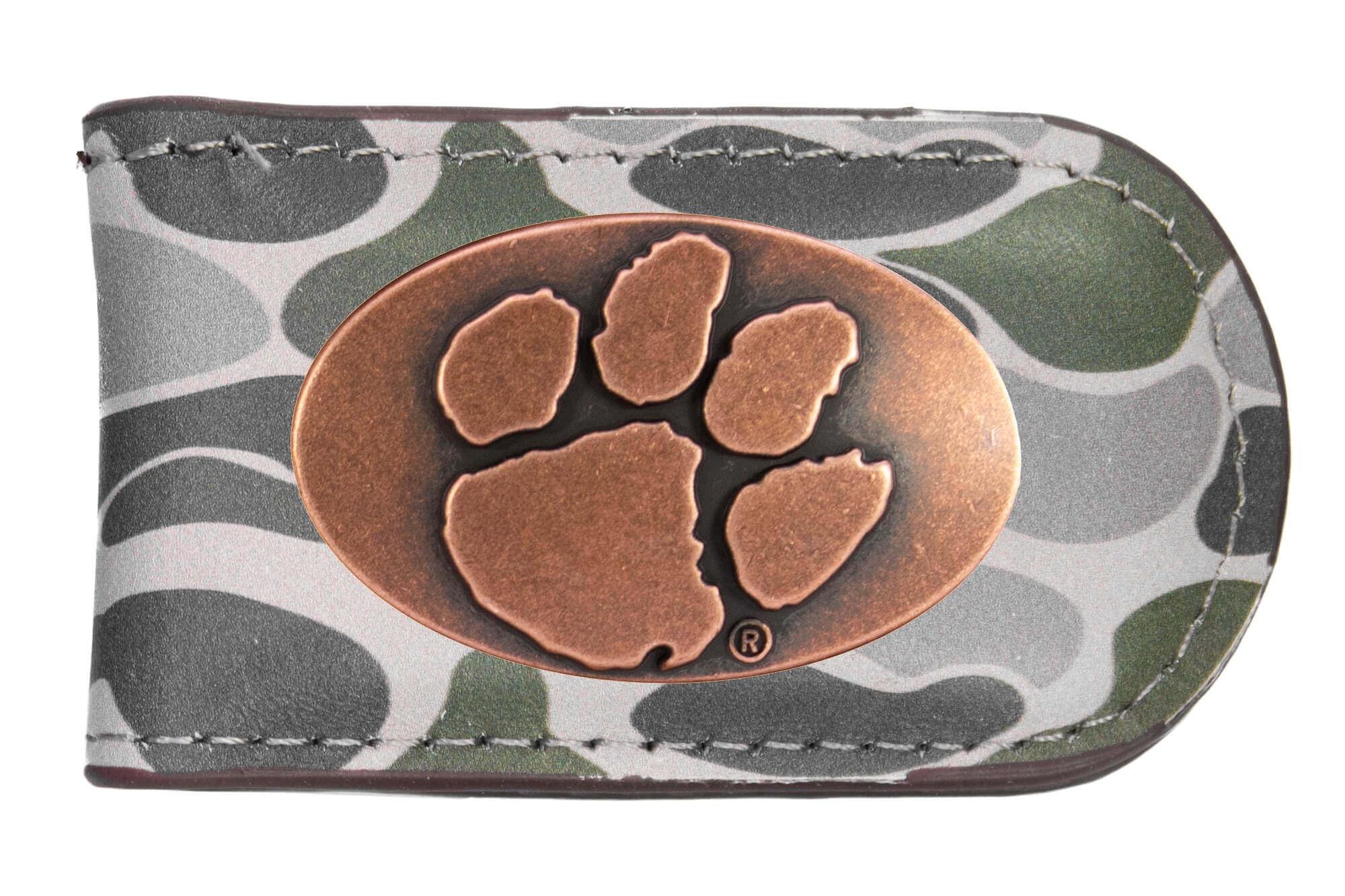 Clemson Tigers Camo Leather Money Clip. Full Grain Leather With Antique Copper Logo. Old School Camo Print. Perfect Grad Gift.