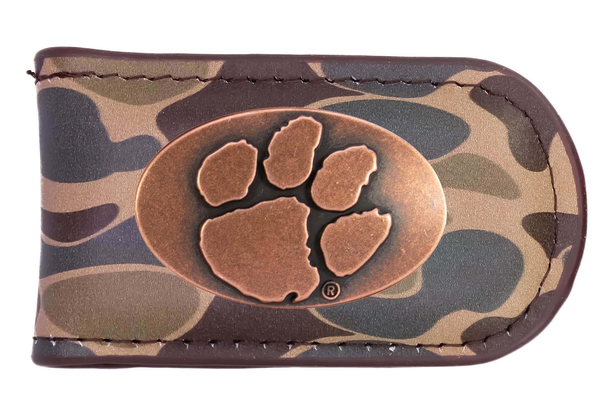 Clemson Tigers Camo Leather Money Clip. Full Grain Leather With Antique Copper Logo. Old School Camo Print. Perfect Grad Gift.
