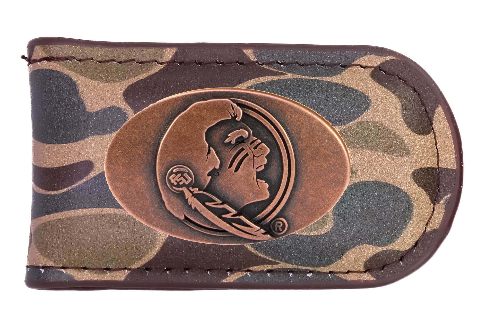Florida State Seminoles Camo Leather Money Clip. Full Grain Leather With Antique Copper Logo. Old School Camo Print. Perfect Grad Gift.