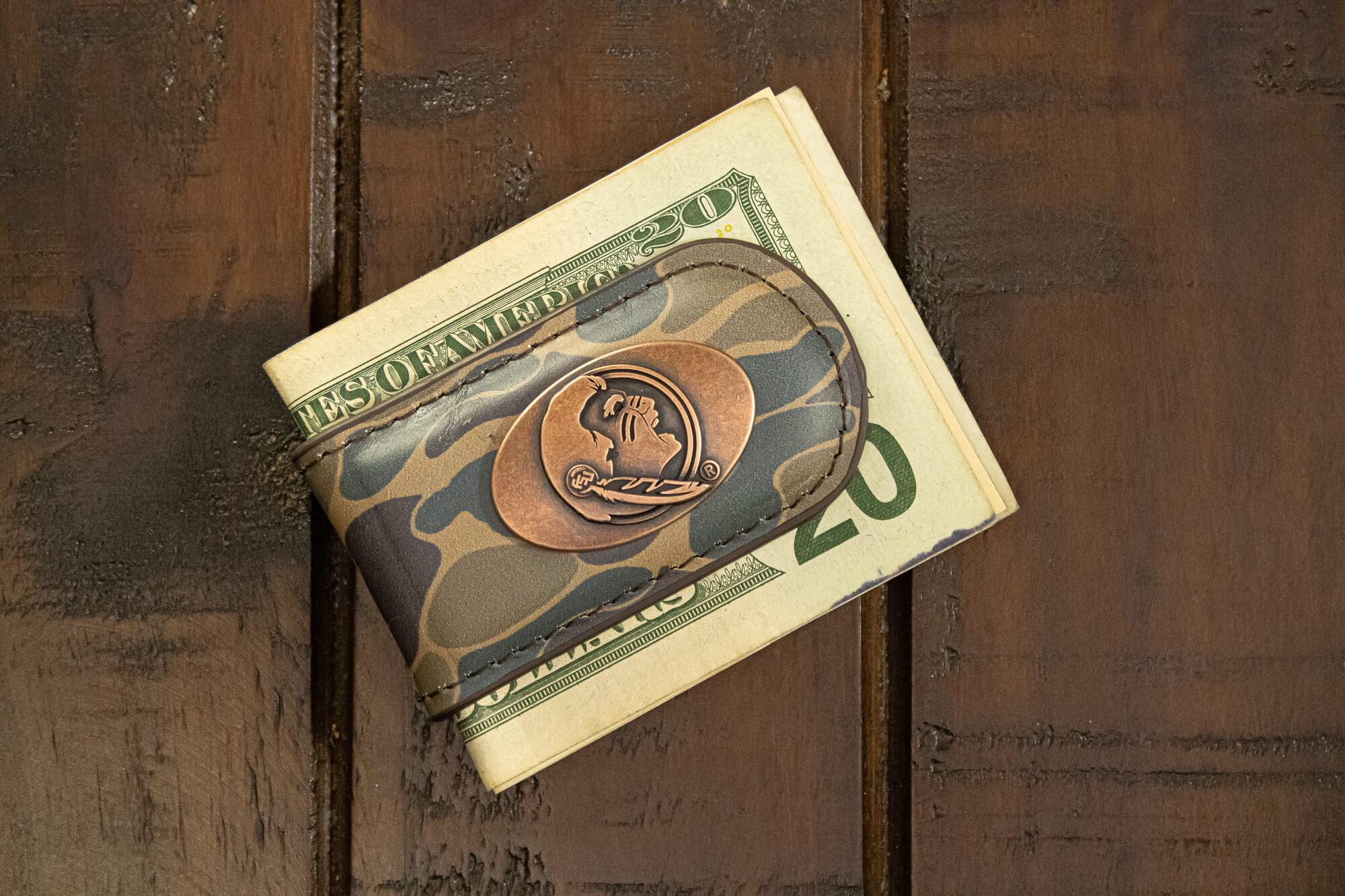 Florida State Seminoles Camo Leather Money Clip. Full Grain Leather With Antique Copper Logo. Old School Camo Print. Perfect Grad Gift.