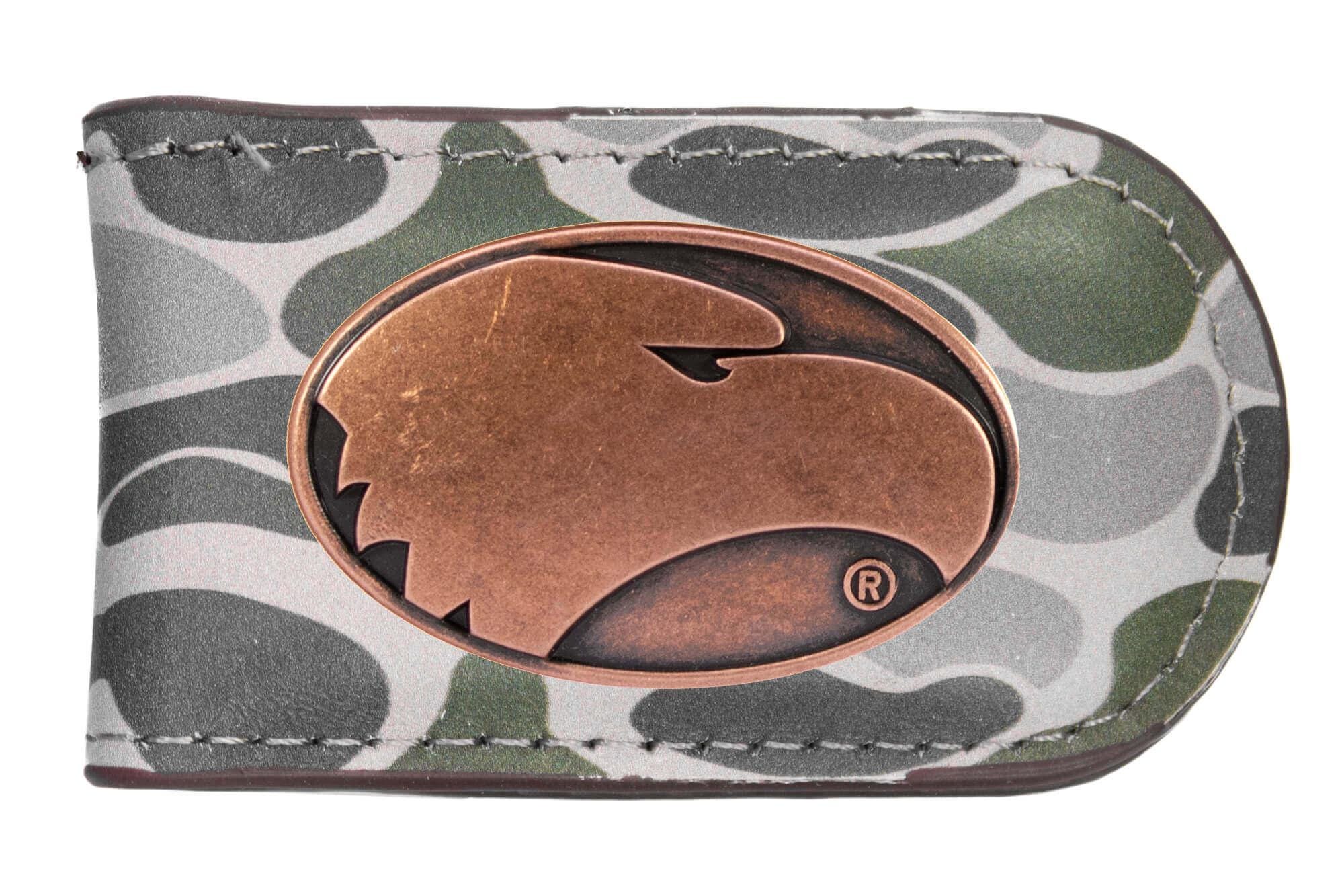 Georgia Southern Eagles Camo Leather Money Clip. Full Grain Leather With Antique Copper Logo. Old School Camo Print. Perfect Grad Gift.