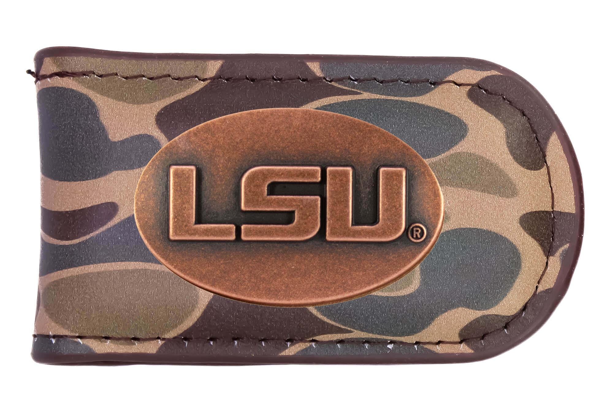 LSU Tigers Camo Leather Money Clip. Full Grain Leather With Antique Copper Logo. Old School Camo Print. Perfect Grad Gift.