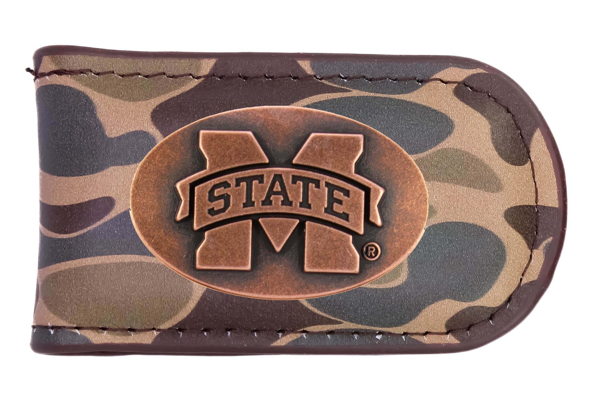 Mississippi State Bulldogs Camo Leather Money Clip. Full Grain Leather With Antique Copper Logo. Old School Camo Print. Perfect Grad Gift.