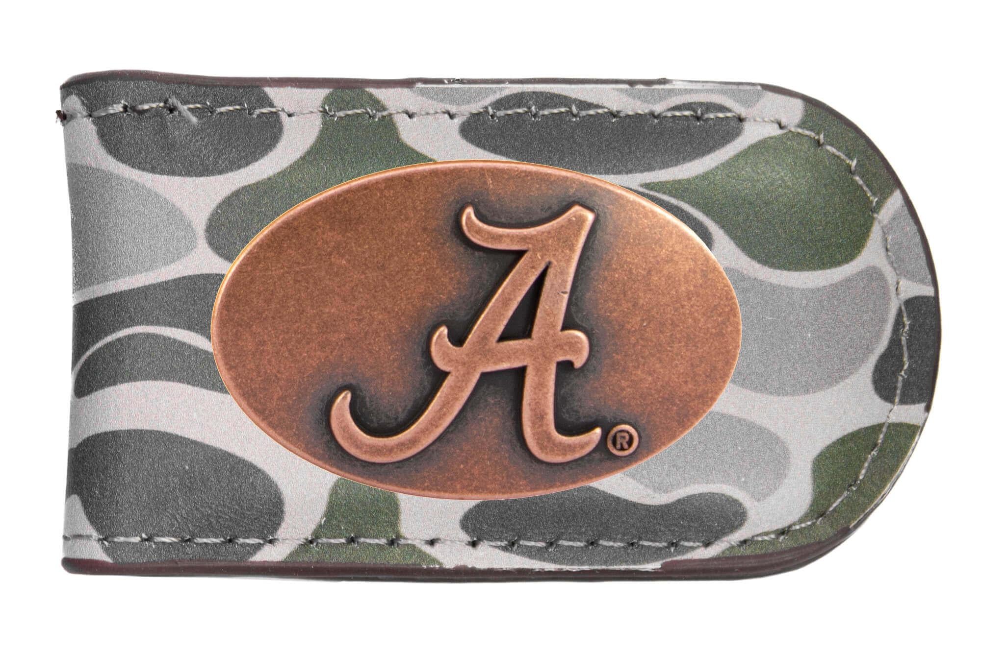 Alabama Crimson Tide Camo Leather Money Clip. Full Grain Leather With Antique Copper Logo. Old School Camo Print. Perfect Grad Gift.