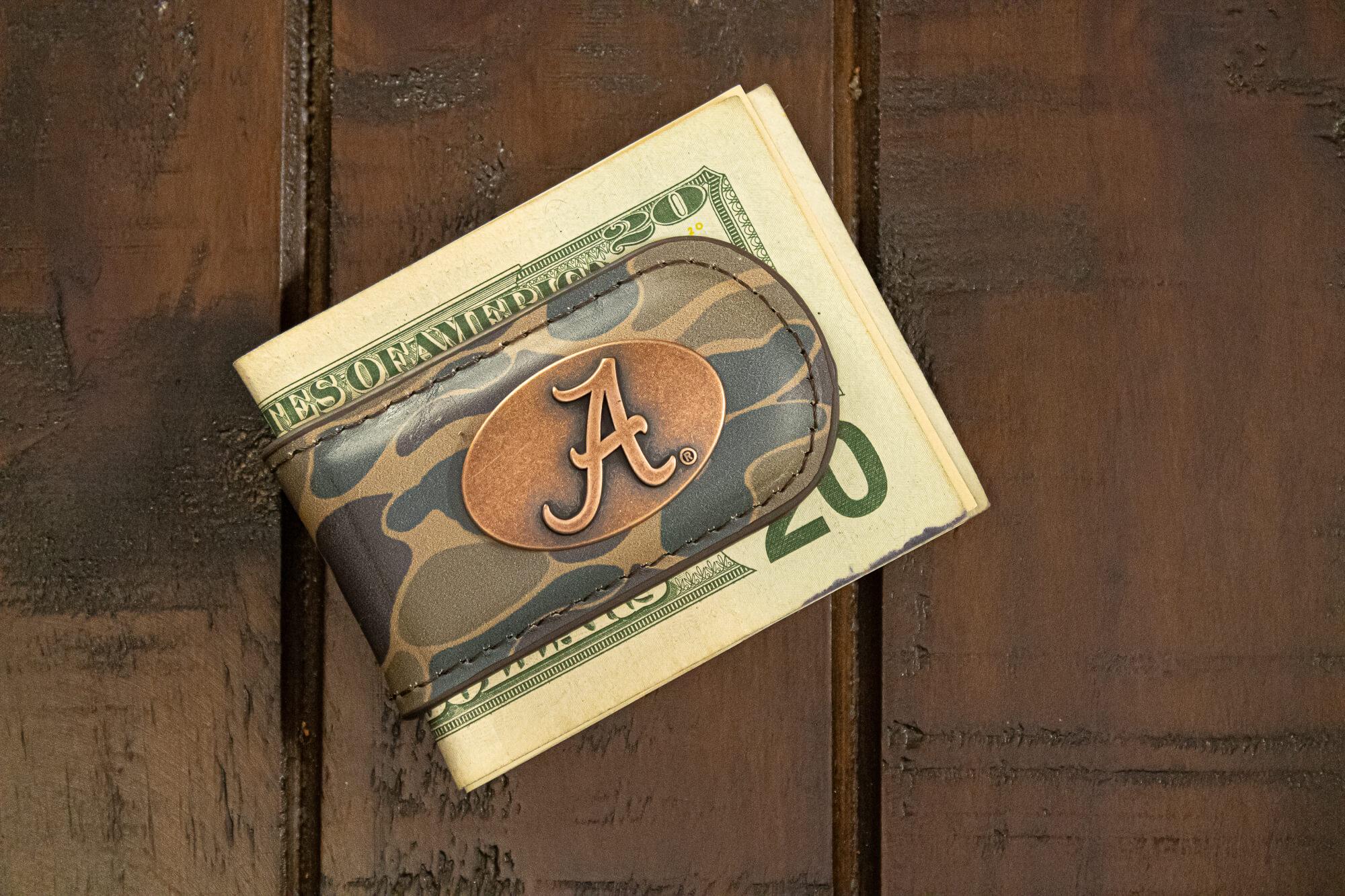 Alabama Crimson Tide Camo Leather Money Clip. Full Grain Leather With Antique Copper Logo. Old School Camo Print. Perfect Grad Gift.