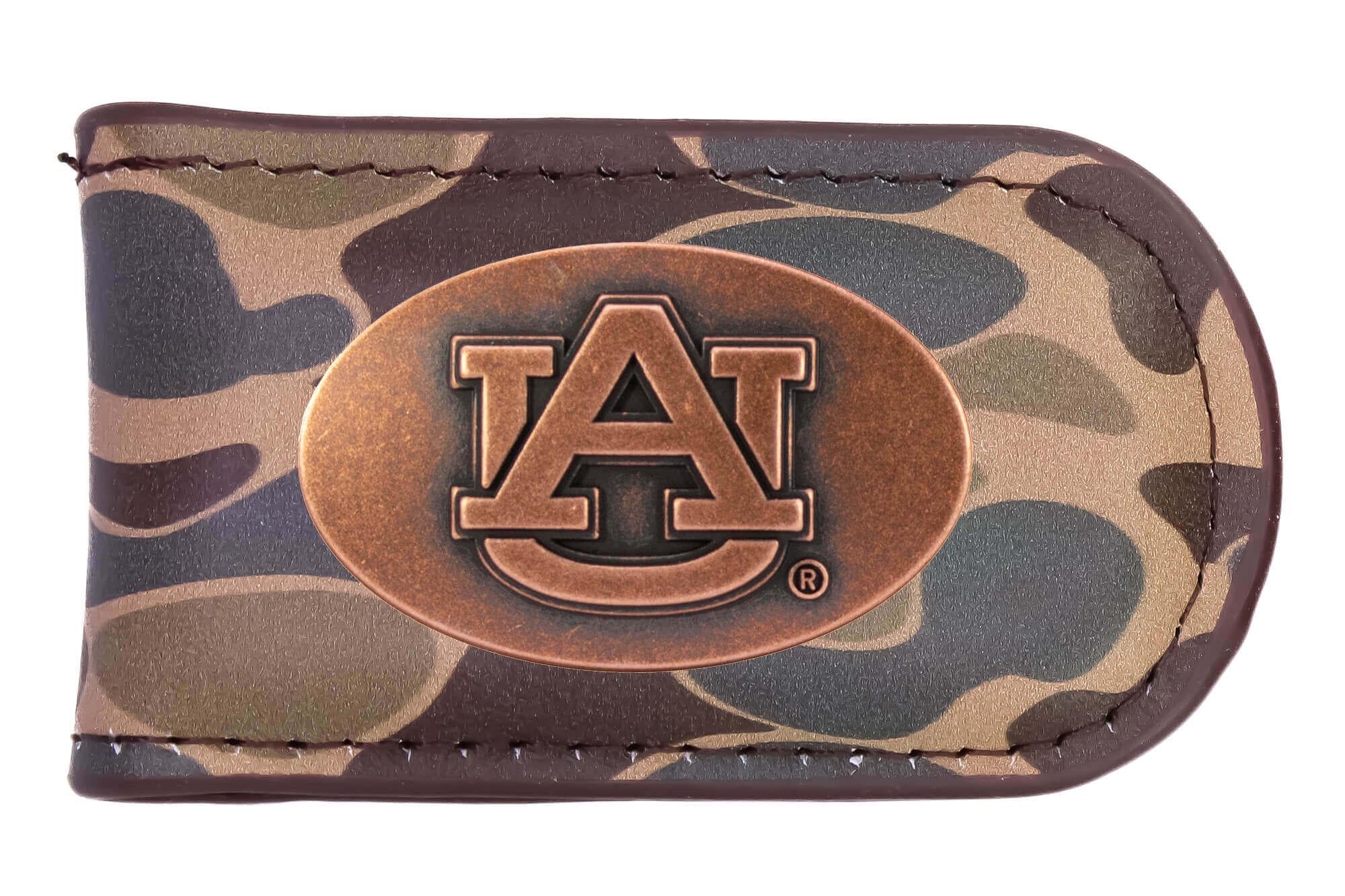 Auburn Tigers Camo Leather Money Clip. Full Grain Leather With Antique Copper Logo. Old School Camo Print. Perfect Grad Gift.