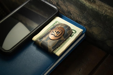 Auburn Tigers Camo Leather Money Clip. Full Grain Leather With Antique Copper Logo. Old School Camo Print. Perfect Grad Gift.