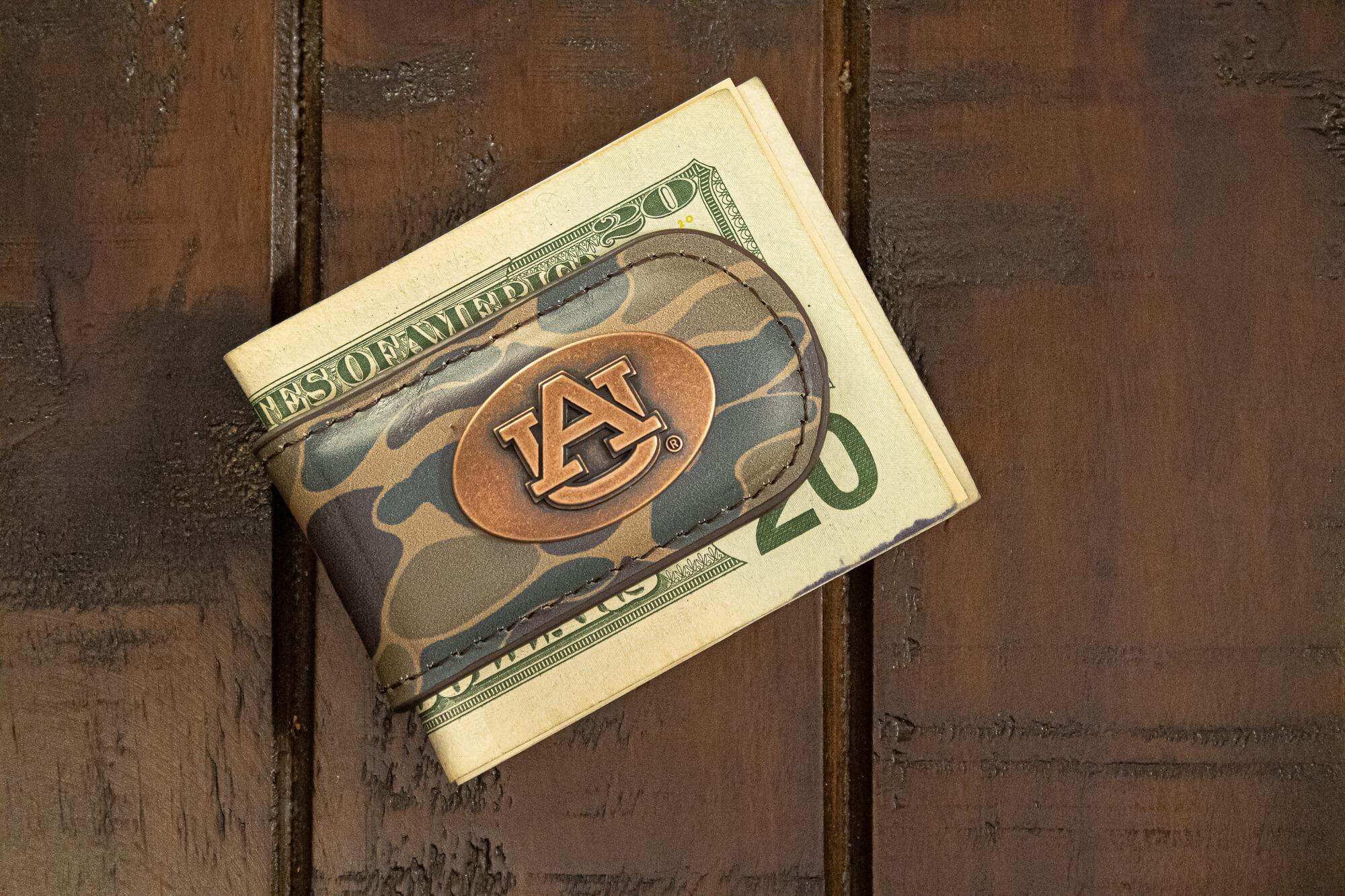 Auburn Tigers Camo Leather Money Clip. Full Grain Leather With Antique Copper Logo. Old School Camo Print. Perfect Grad Gift.