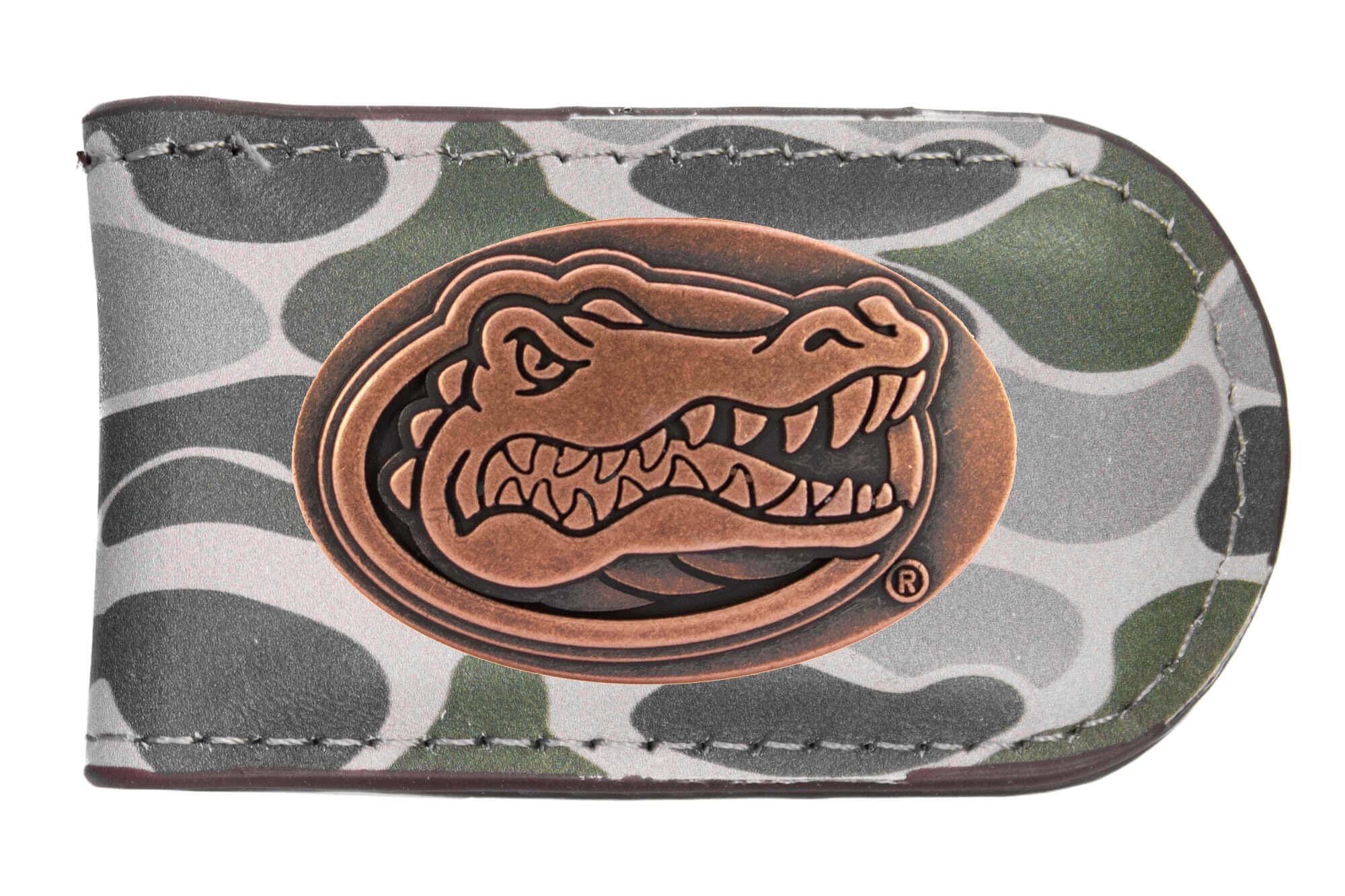 Florida Gators Camo Leather Money Clip. Full Grain Leather With Antique Copper Logo. Old School Camo Print. Perfect Grad Gift.