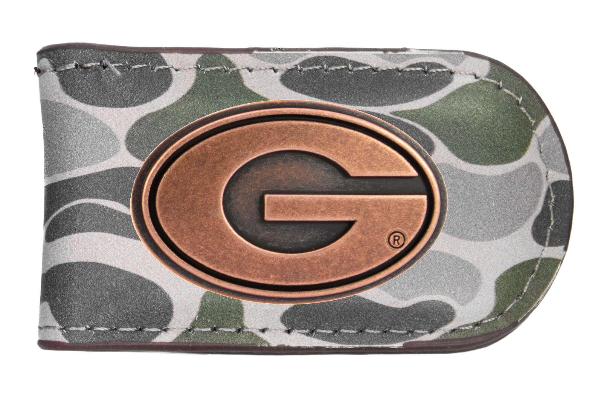 Georgia Bulldogs Camo Leather Money Clip. Full Grain Leather With Antique Copper Logo. Old School Camo Print. Perfect Grad Gift.