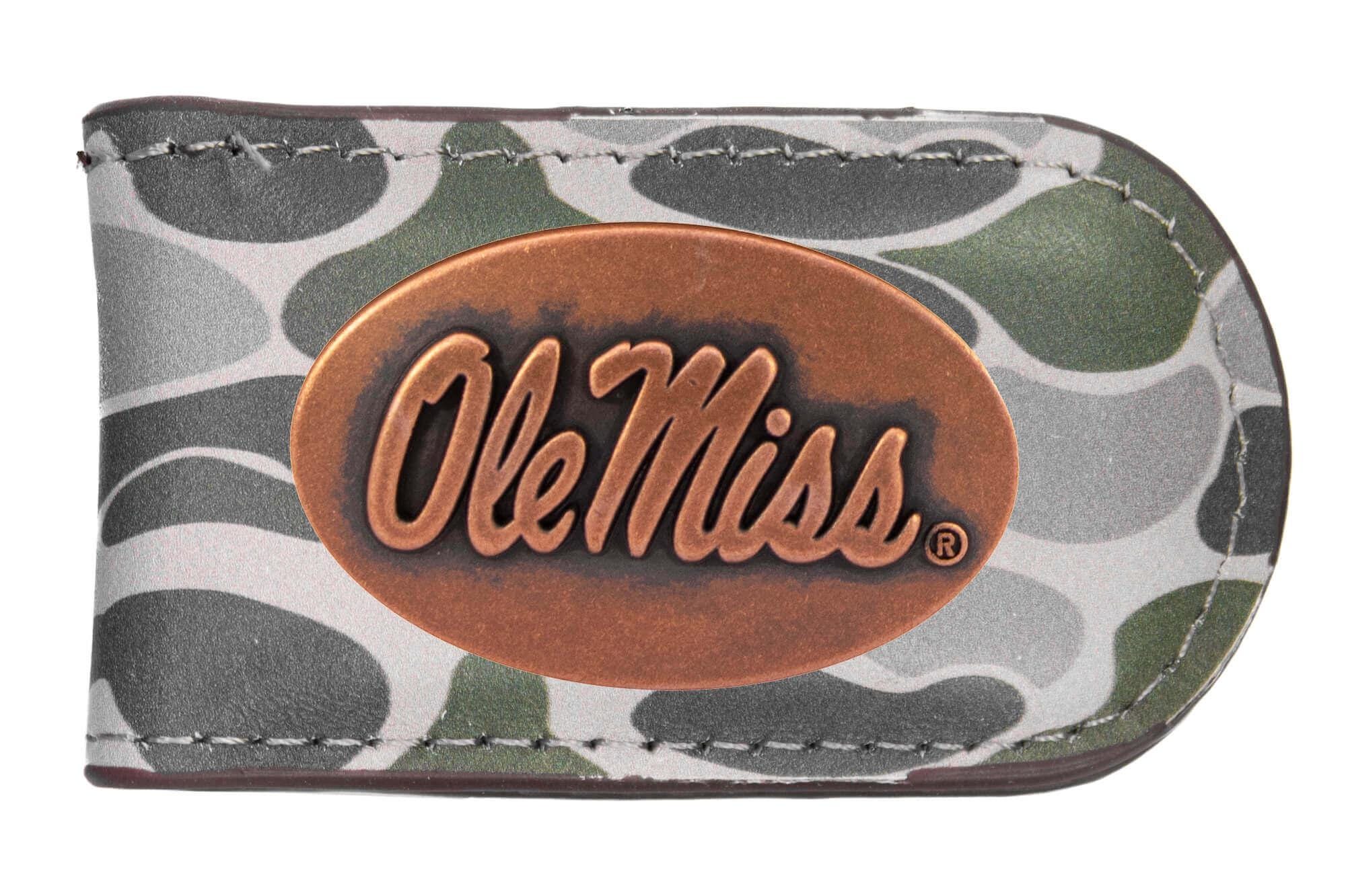 Ole Miss Rebels Camo Leather Money Clip. Full Grain Leather With Antique Copper Logo. Old School Camo Print. Perfect Grad Gift.