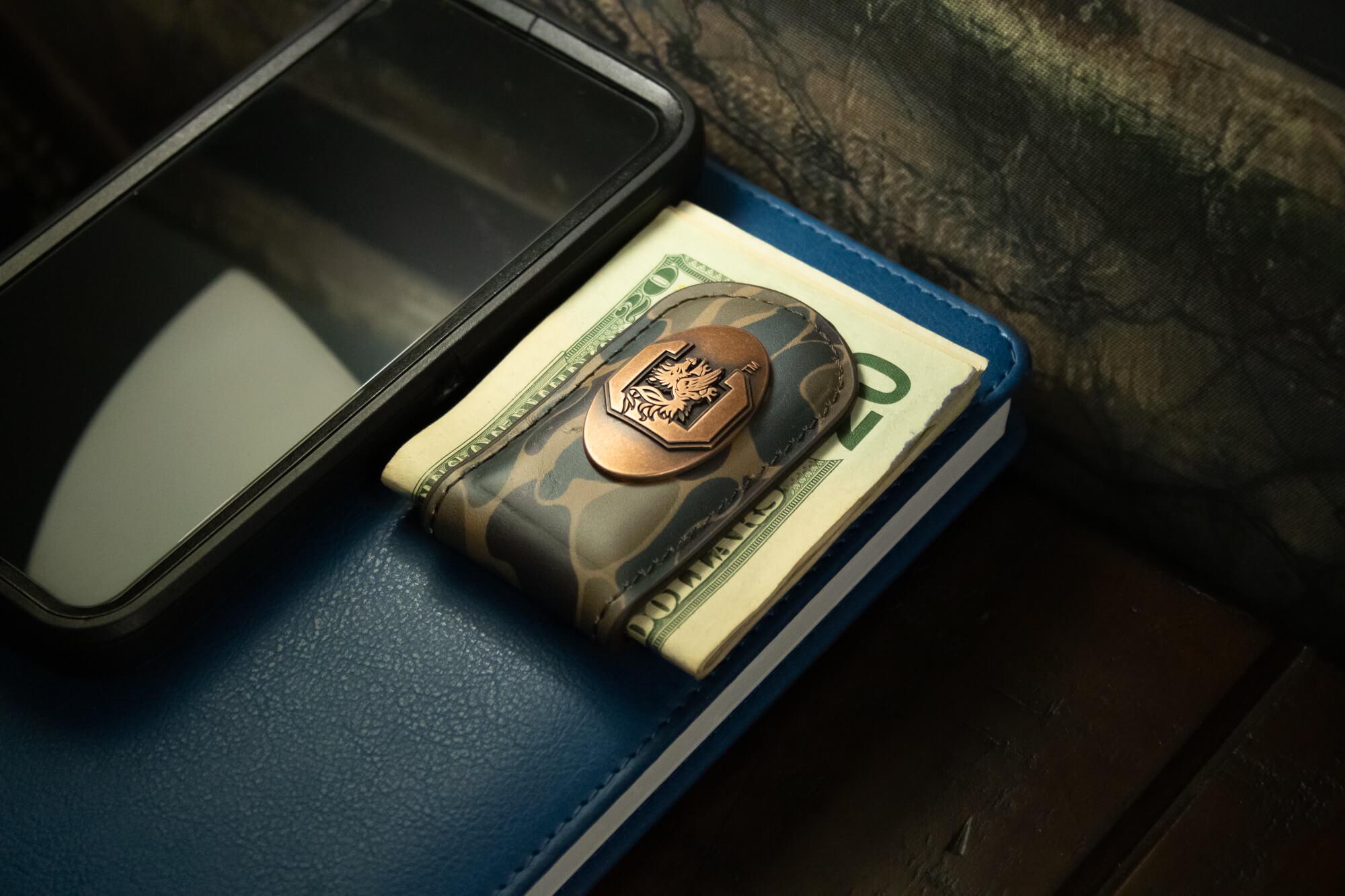 USC Gamecocks Camo Leather Money Clip. Full Grain Leather With Antique Copper Logo. Old School Camo Print. Perfect Grad Gift.