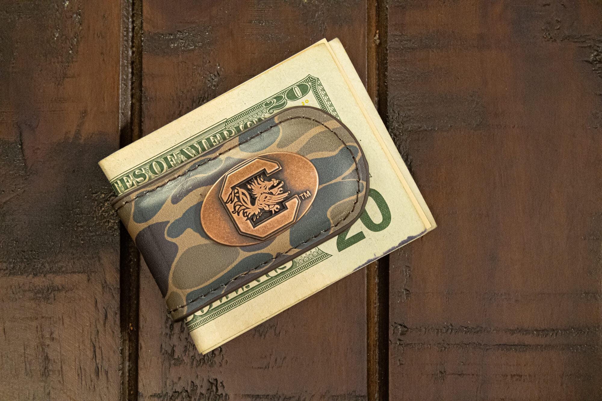 USC Gamecocks Camo Leather Money Clip. Full Grain Leather With Antique Copper Logo. Old School Camo Print. Perfect Grad Gift.
