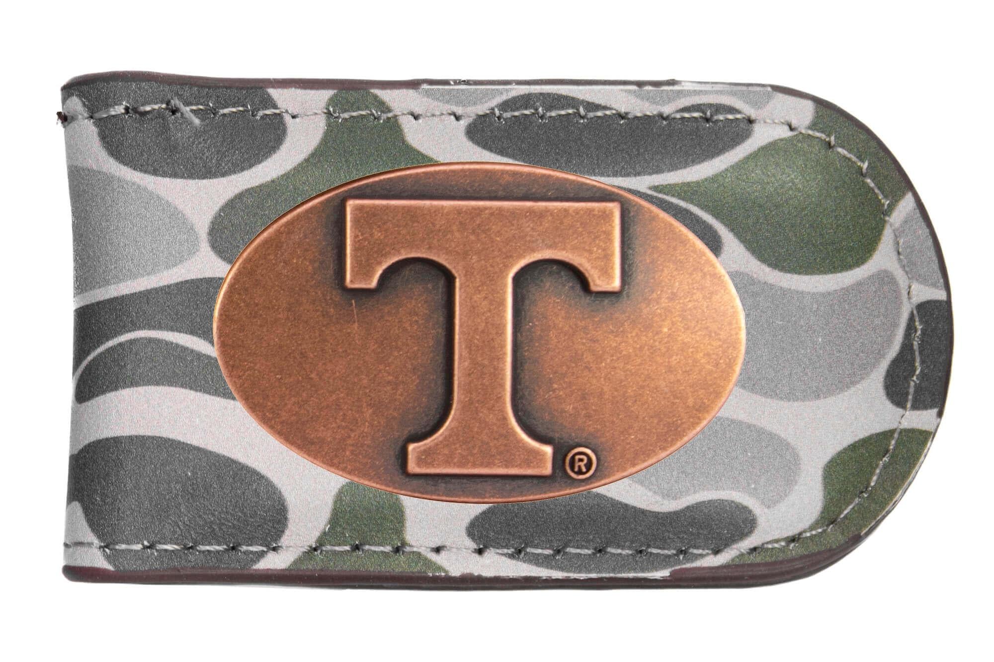 Tennessee Vols Camo Leather Money Clip. Full Grain Leather With Antique Copper Logo. Old School Camo Print. Perfect Grad Gift.