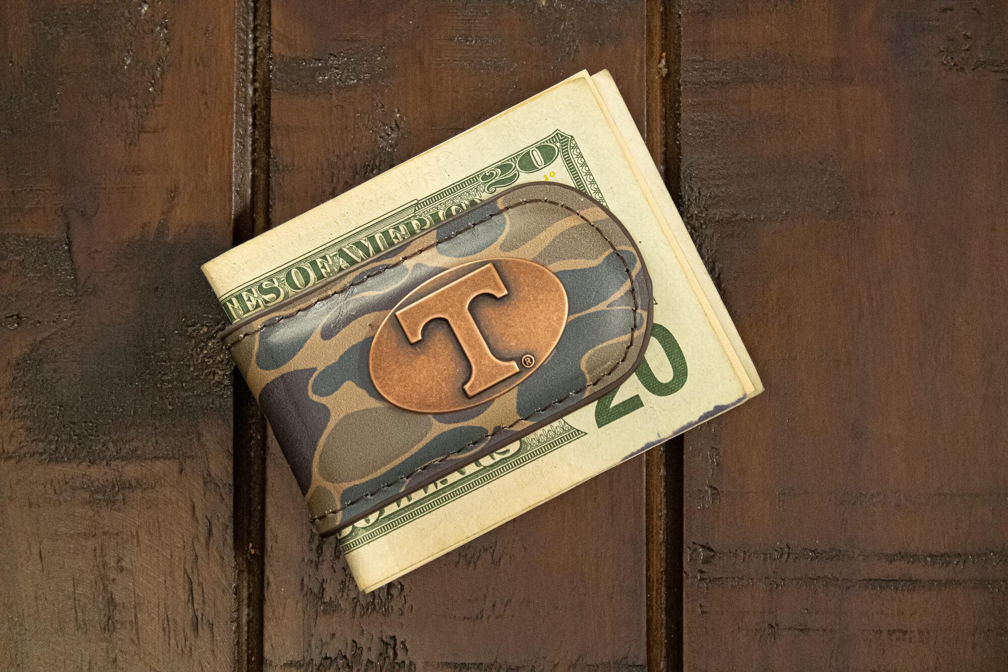Tennessee Vols Camo Leather Money Clip. Full Grain Leather With Antique Copper Logo. Old School Camo Print. Perfect Grad Gift.
