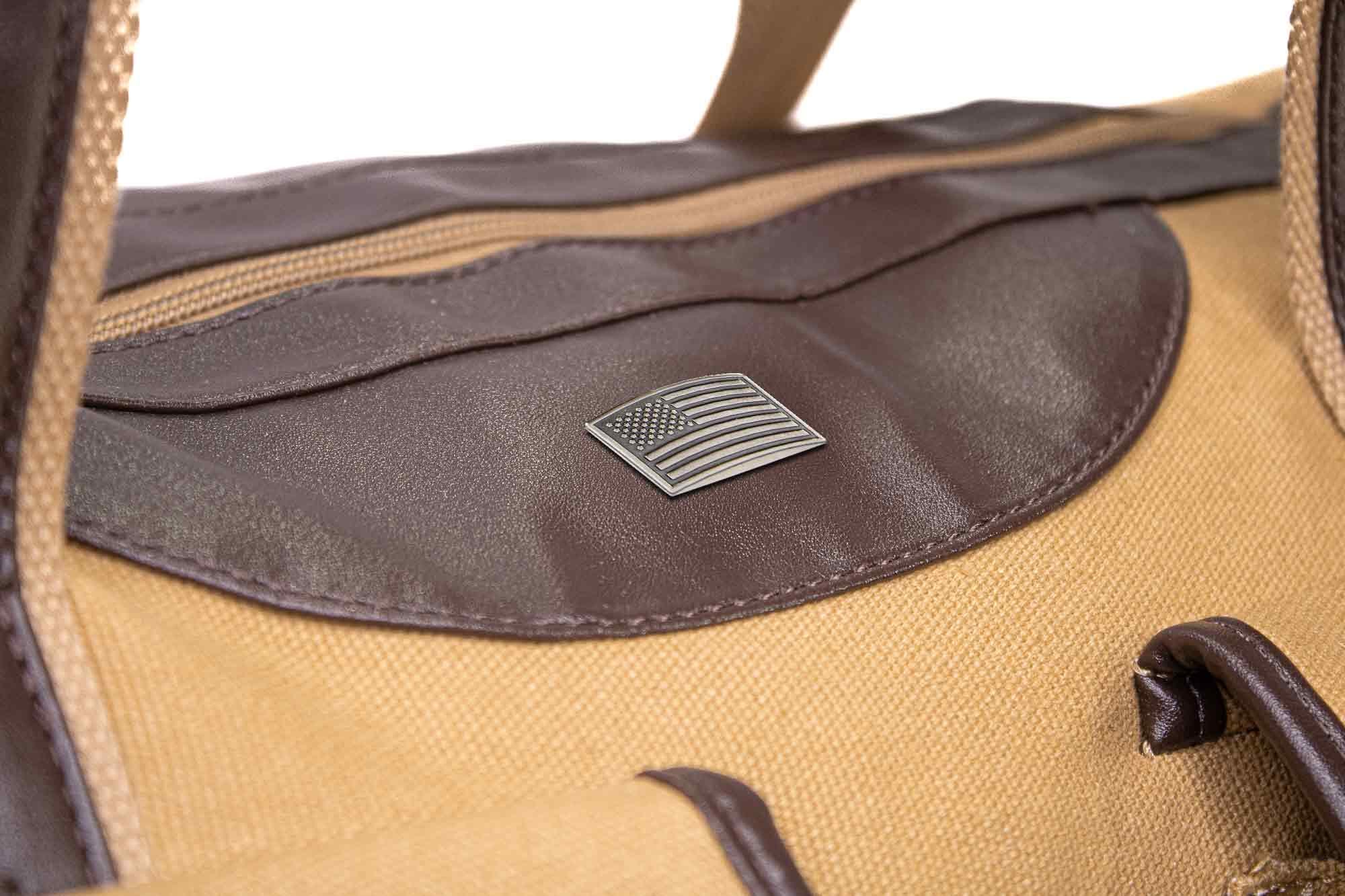 American Flag Canvas Weekender Bag - Khaki Waxed Canvas Duffel - Durable Water Resistant Bag - USA Logo Travel Bag - Overnight Case