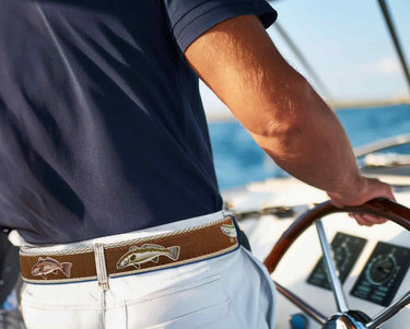 Backcountry Slam Men's Action Fishing Brown Ribbon Belt Featuring Redfish, Snook, Tarpon, Speckled Trout