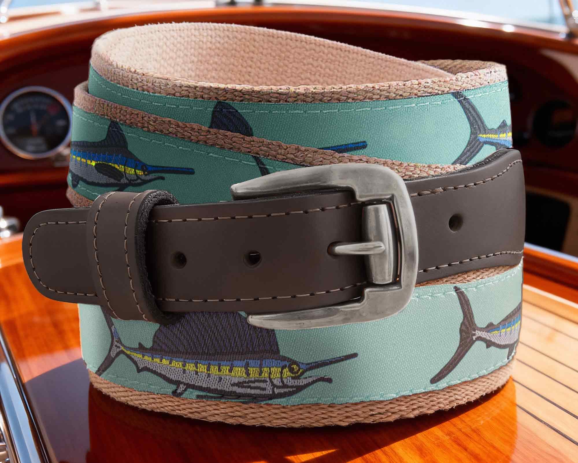 Billfish Slam Men's Action Fishing Turquoise Ribbon Belt.