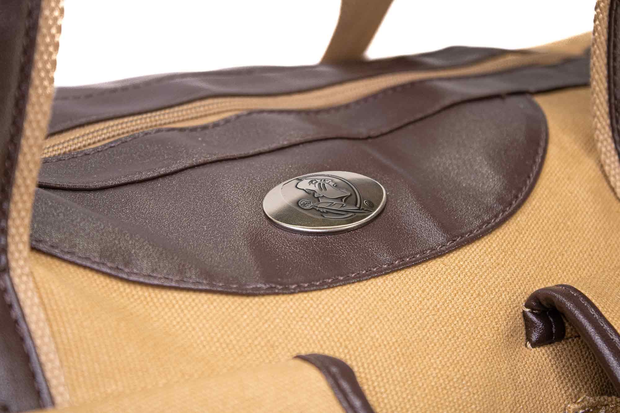 FSU Seminoles Canvas Weekender Bag - Khaki Waxed Canvas Duffel - Durable Water Resistant Bag - Florida State Travel Bag - Overnight Case