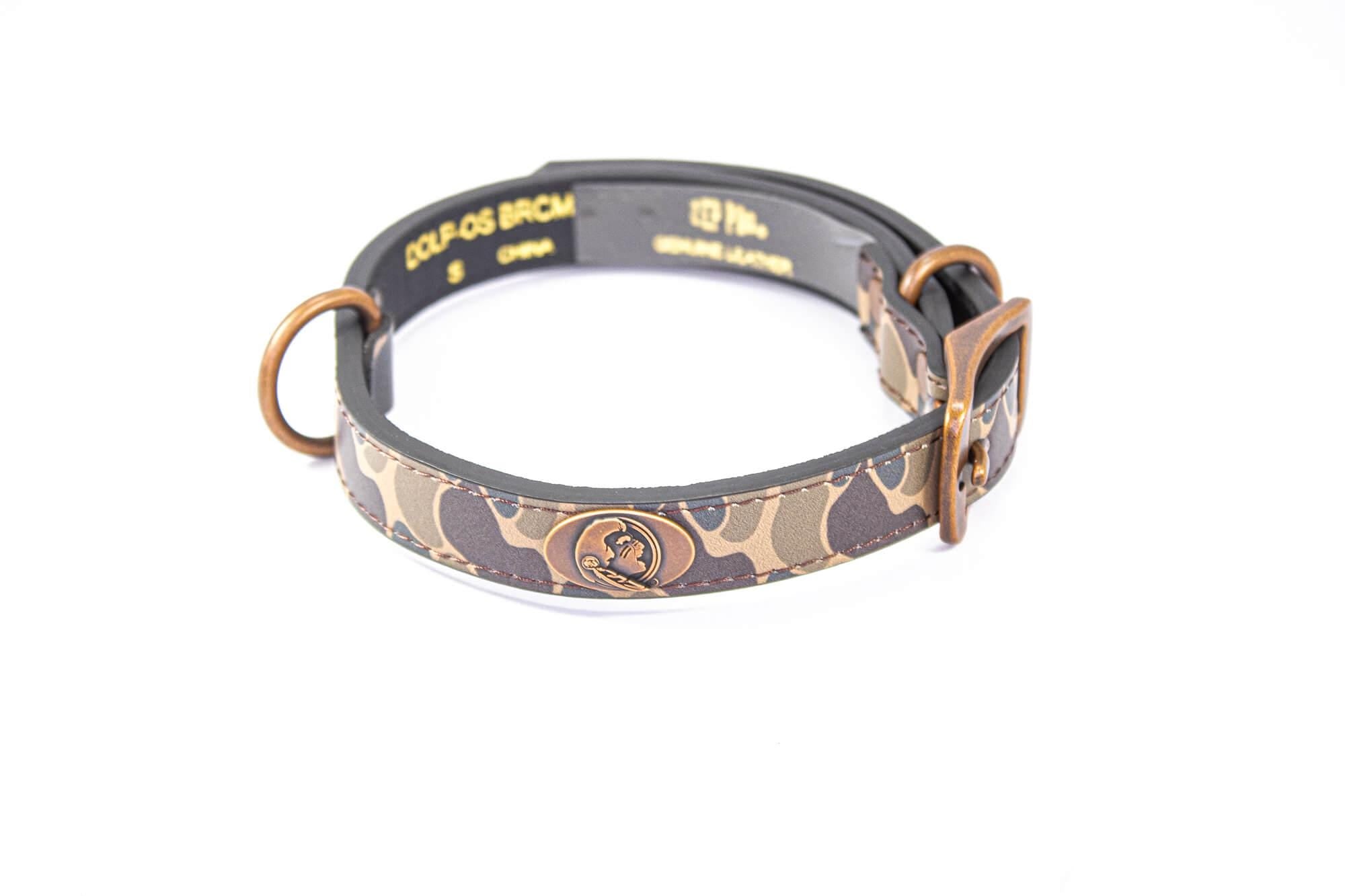 Florida State Seminoles Old School Camo Leather Dog Collar - Antique Copper Logo