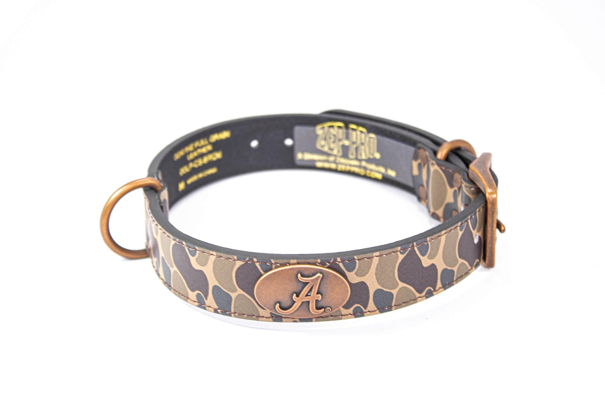 Alabama Crimson Tide Old School Camo Leather Dog Collar - Antique Copper Logo