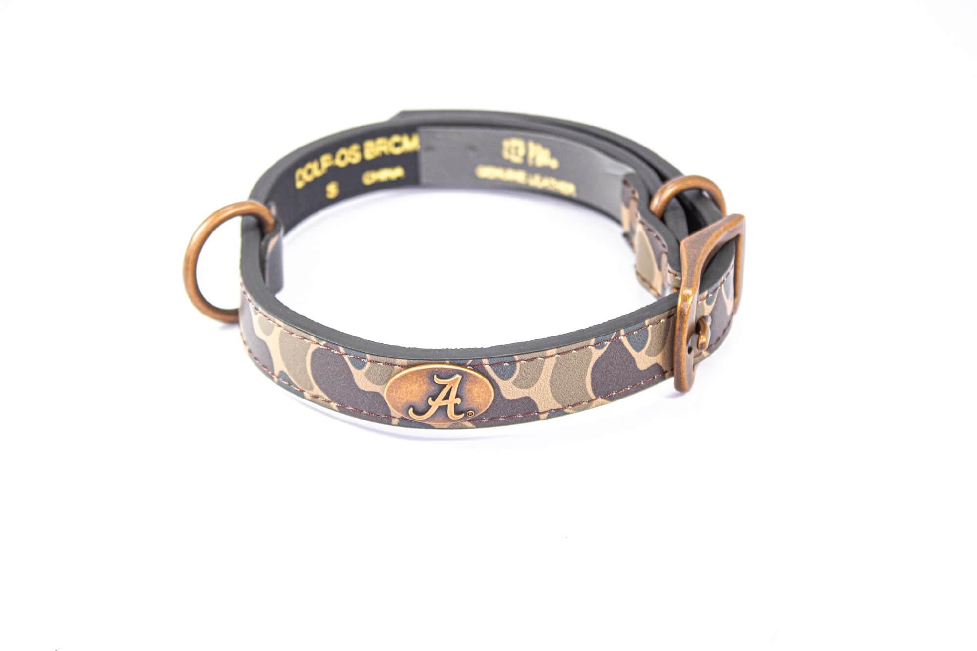 Alabama Crimson Tide Old School Camo Leather Dog Collar - Antique Copper Logo