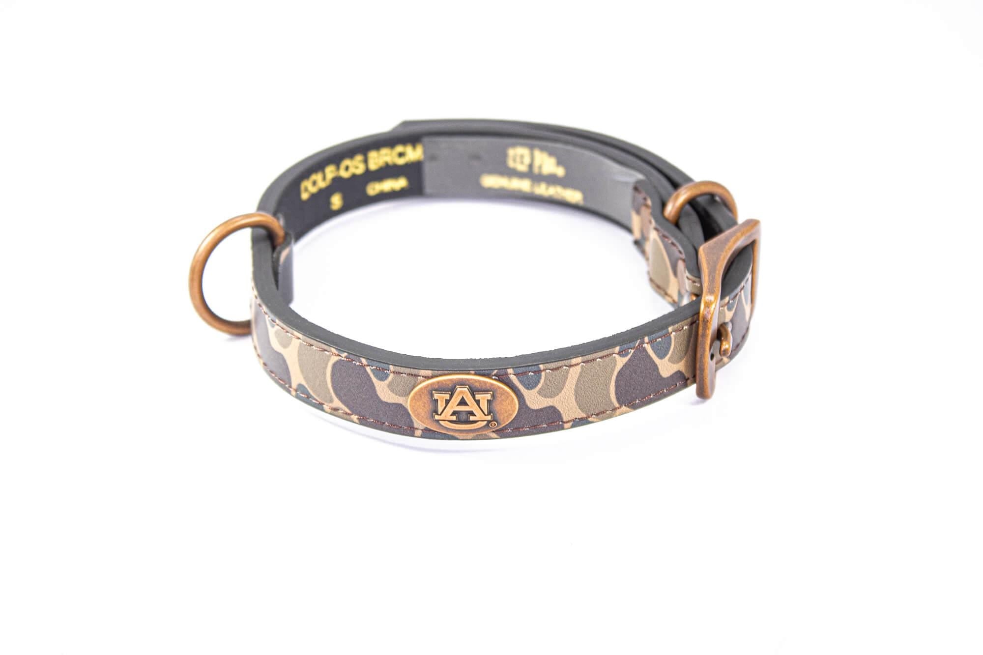 Auburn Tigers Old School Camo Leather Dog Collar - Antique Copper Logo