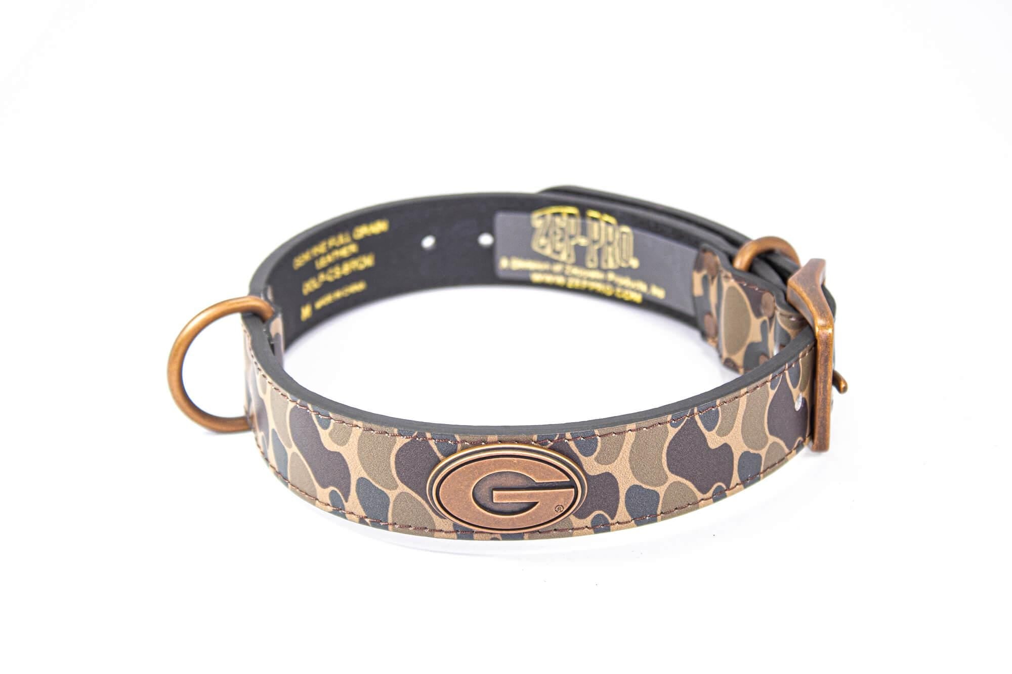 Georgia Bulldogs Old School Camo Leather Dog Collar - Antique Copper Logo