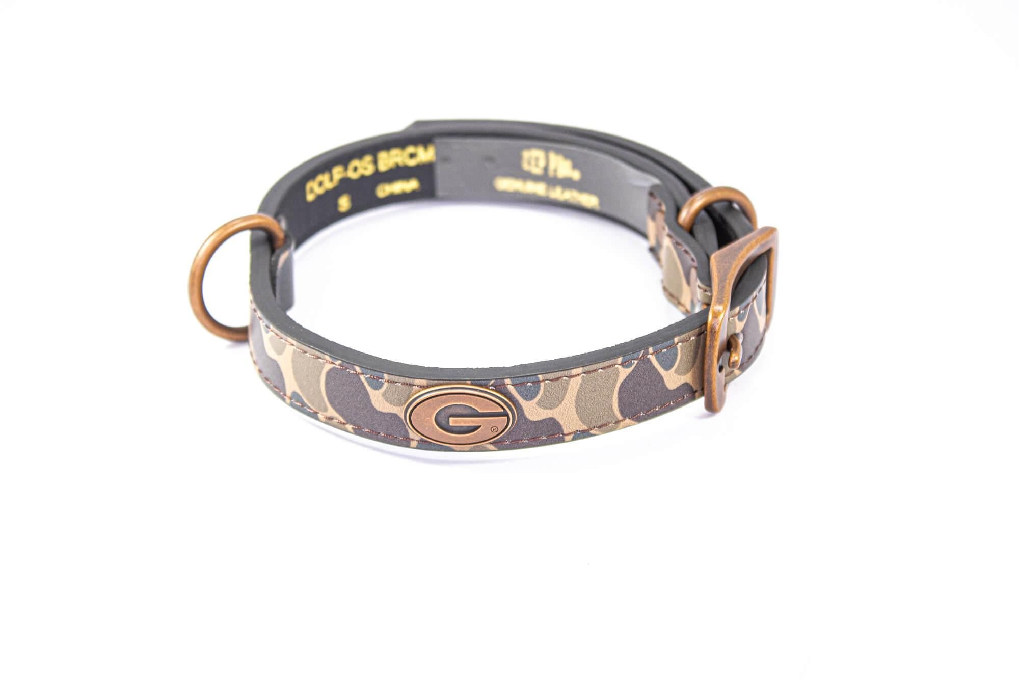 Georgia Bulldogs Old School Camo Leather Dog Collar - Antique Copper Logo