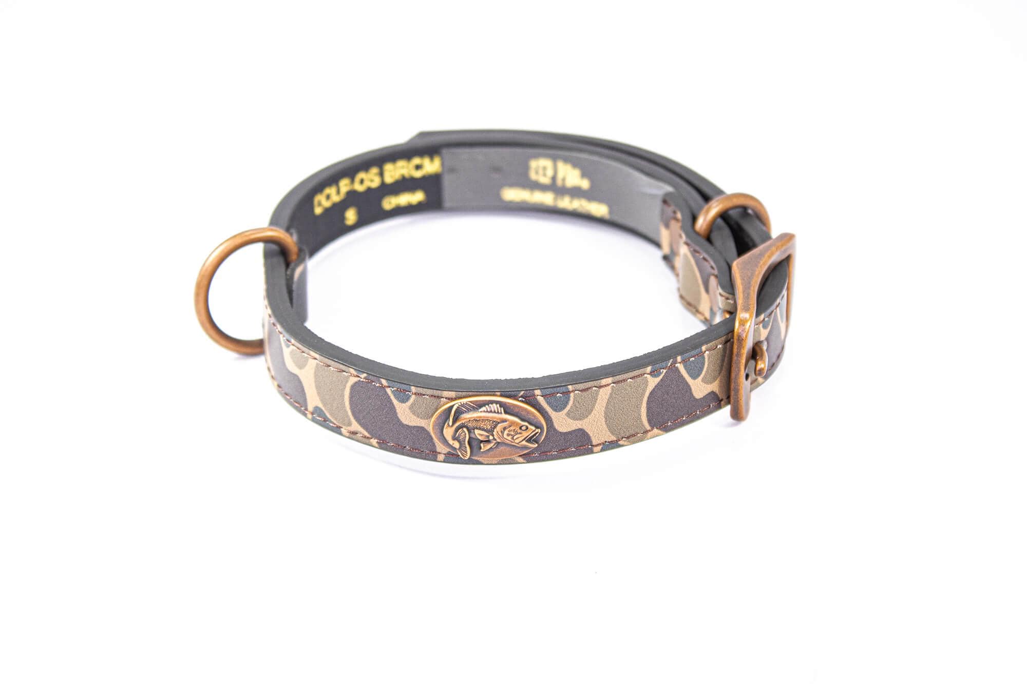 Bass Fishing Old School Camo Leather Dog Collar - Antique Copper Logo