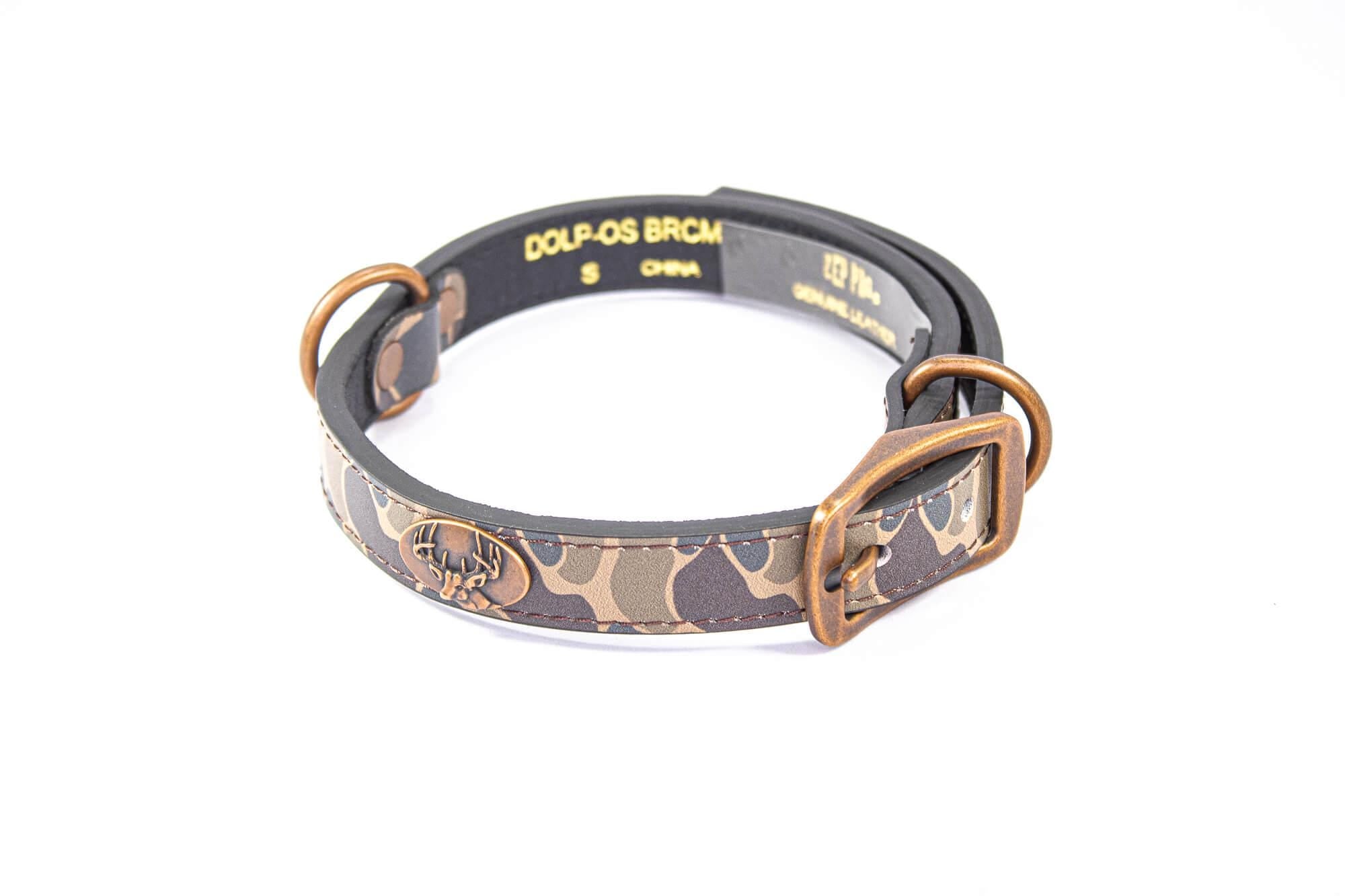 Buck Hunting Old School Camo Leather Dog Collar - Antique Copper Logo