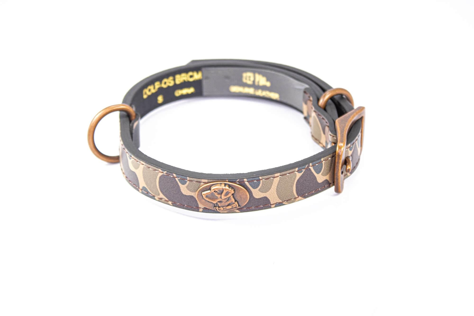 Lab Hunting Old School Camo Leather Dog Collar - Antique Copper Logo