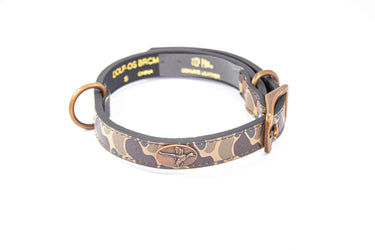 Mallard Hunting Old School Camo Leather Dog Collar - Antique Copper Logo