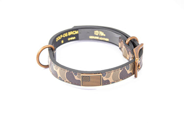 USA Flag Old School Camo Leather Dog Collar - Antique Copper Logo