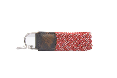 Braided Stretch Woven Crimson and White Keychain with Leather Accent